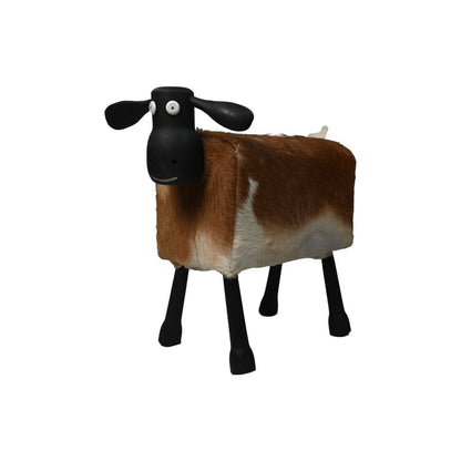 Schaap 'Shawn' - 58x34x62cm - Teak/Geitenleer - Wit/Bruin/Zwart