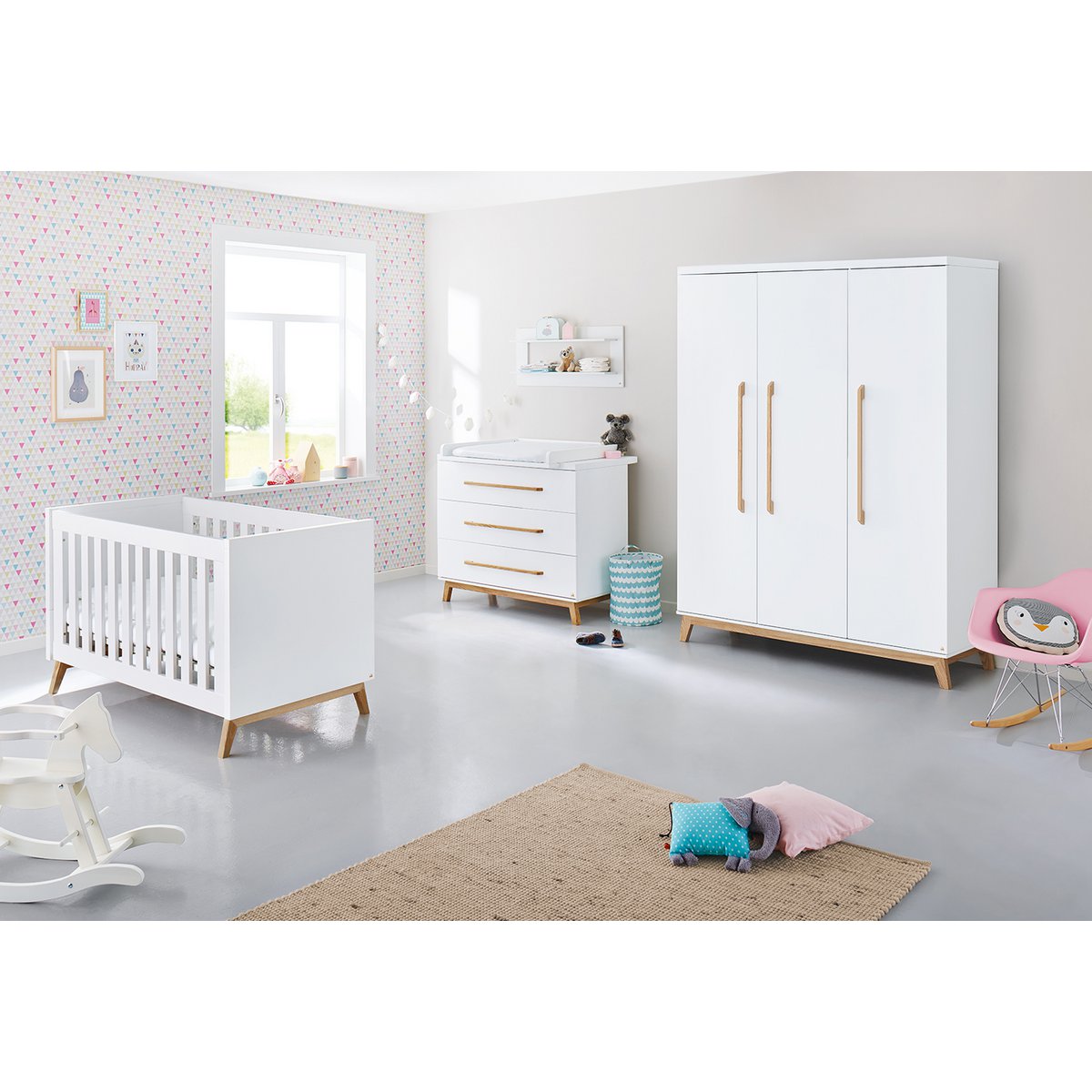 Children's room 'Riva' - 4 parts: Bedstead/Wide chest of drawers/3-door wardrobe/Wall shelf - White/Natural