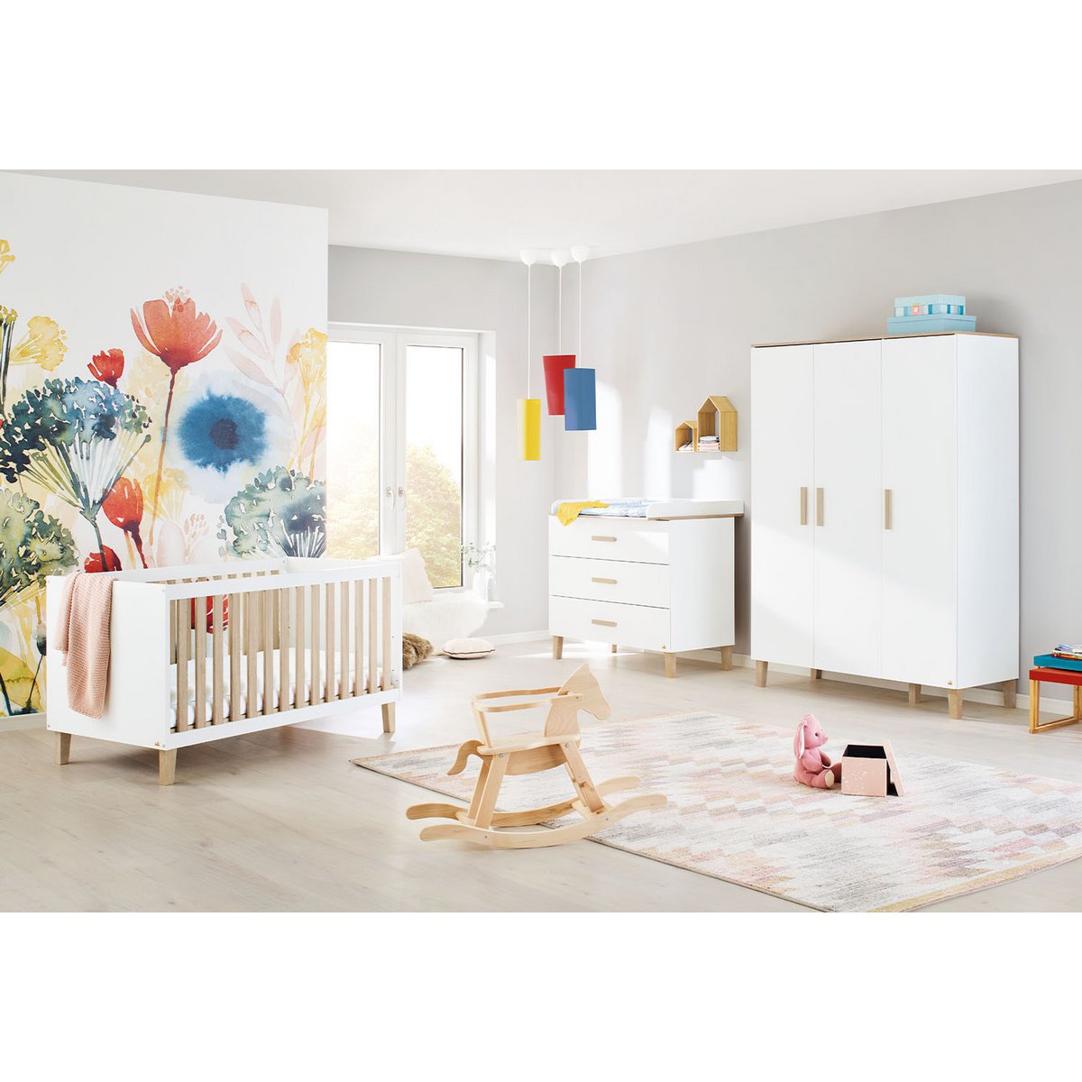 Children's room 'Lumi' - 3 parts: Bedstead/Wide chest of drawers/3-door wardrobe - White/Natural