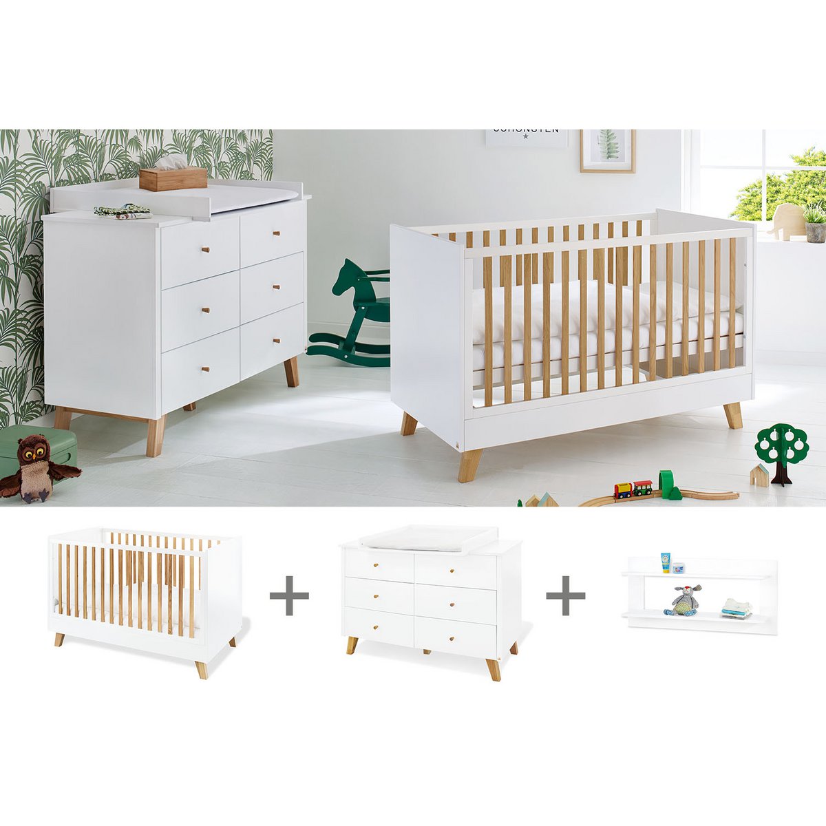 Children's room 'Pan' - 3 parts: Bedstead/Extra Wide Chest of Drawers/Wall Shelf - White/Natural