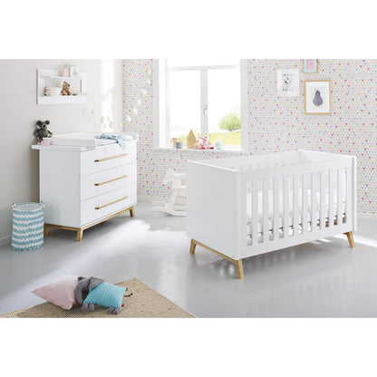 Children's room 'Riva' - 3 parts: Bedstead/Wide chest of drawers/Wall shelf - White/Natural