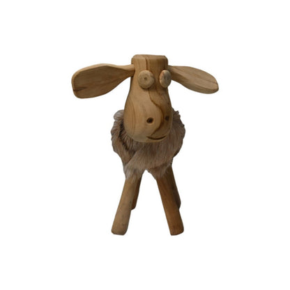 Schaap 'Shawn' - 32x14x32cm - Teak/geitenleer - Wit/Bruin/Zwart