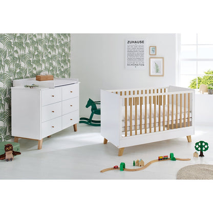 Children's room 'Pan' - 2 parts: Bed/Extra Wide Chest of Drawers - White/Natural