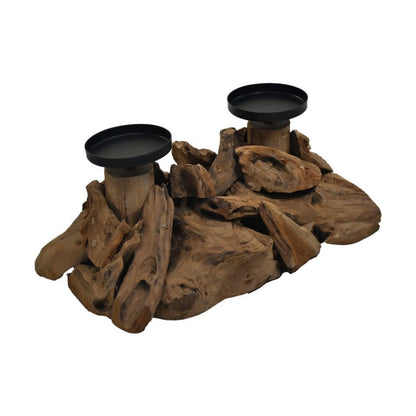 Candlestick for 2 Candles - 32x18x14cm - Driftwood - Natural/Black