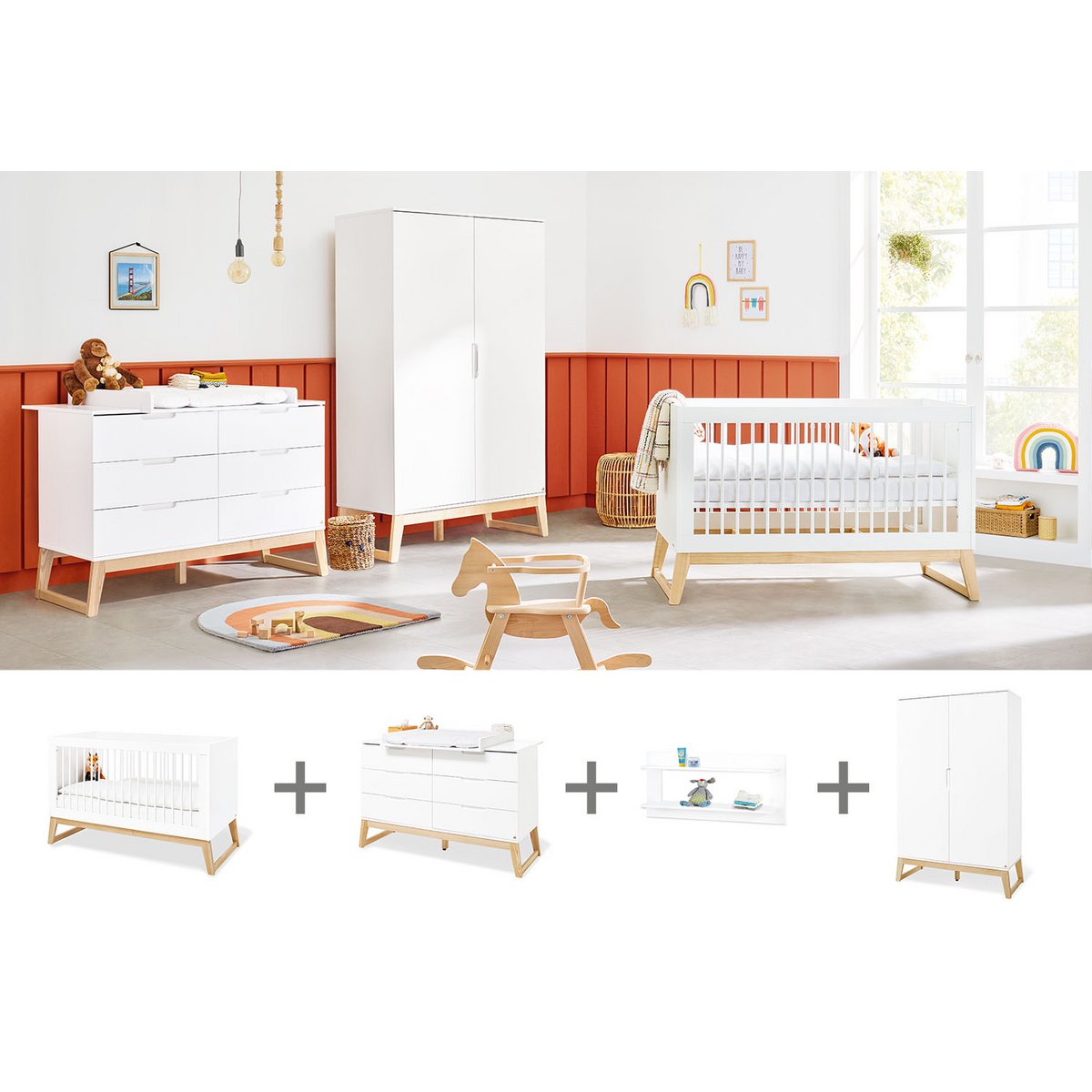 Children's room 'Bridge' - 4 parts: Bedstead/Extra Wide Chest of Drawers/2-door Wardrobe/Wall Shelf - White/Natural